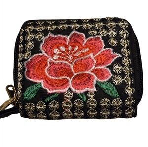 Floral Embroidered Black Wallet